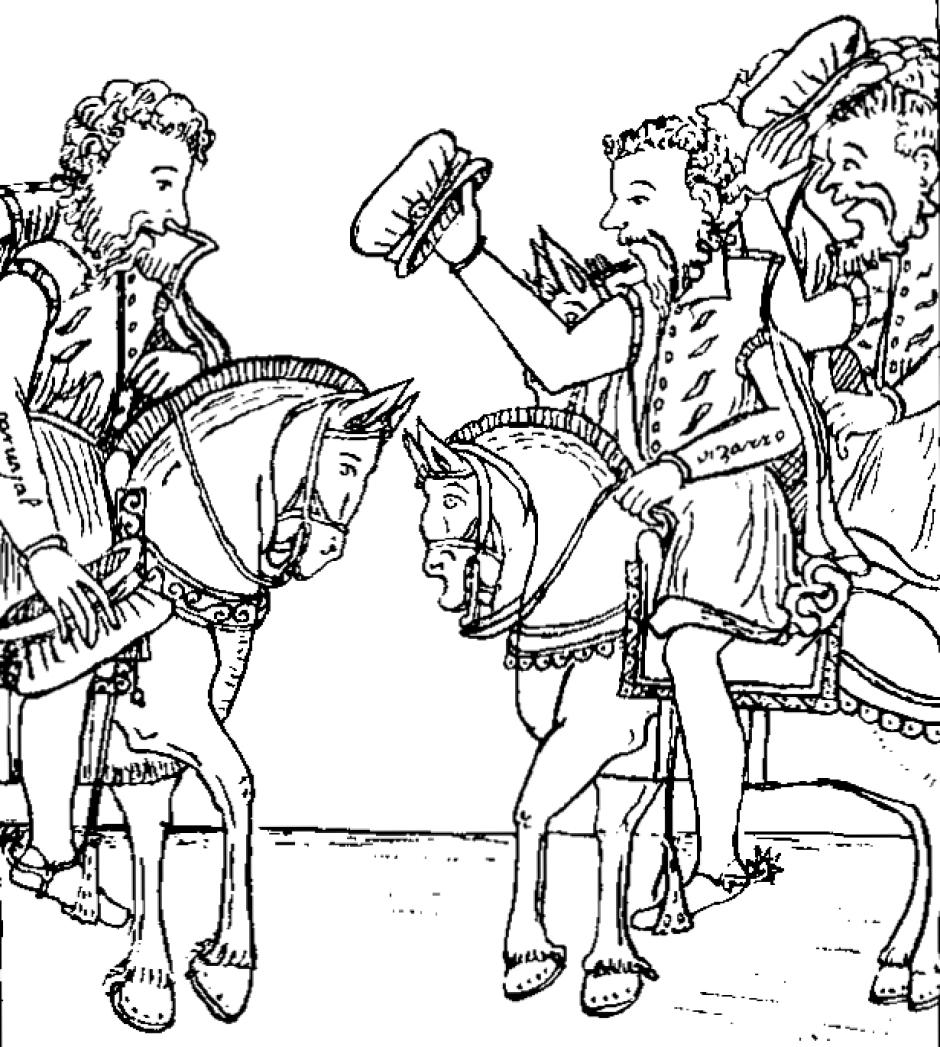 Dibujo de Guaman Poma de Ayala, que representa a Gonzalo Pizarro (al centro) recibiendo a Francisco de Carvajal] (a la derecha)