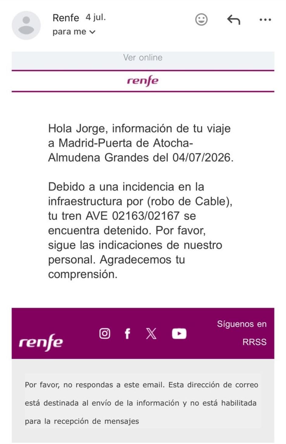 Mensaje mandado por Renfe a los viajeros afectados por el robo de cable en Ciudad Real