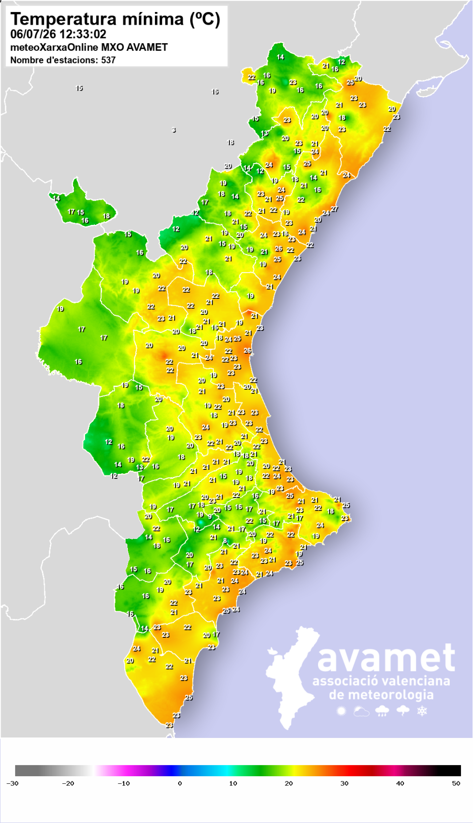 Mapa con las temperaturas mínimas registradas por Avamet este lunes 6 de julio en Valencia.