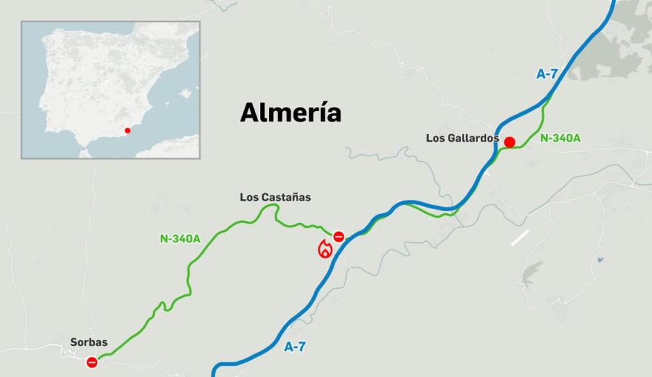 Mapa donde se ha producido el incendio de Los Gallardos, incluido el punto de la caída del tendido eléctrico, origen del fuego