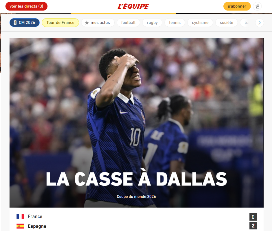 L'Equipe apuesta por una foto de Mbappé lamentándose y titula con el "accidente de Dallas". Además, pregunta a sus usuarios quienes son "los responsables" del batacazo