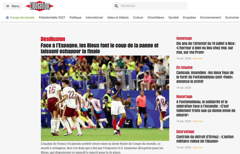 "El equipo francés flaqueó y dejó escapar la final" titula Libération, que también escoge una foto de Mbappé lamentándose