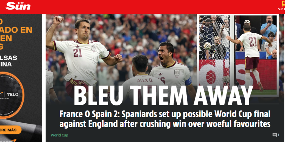 La prensa inglesa, con medios como The Sun, también destacan la victoria de España con un "los azules están fuera" en referencia a Francia