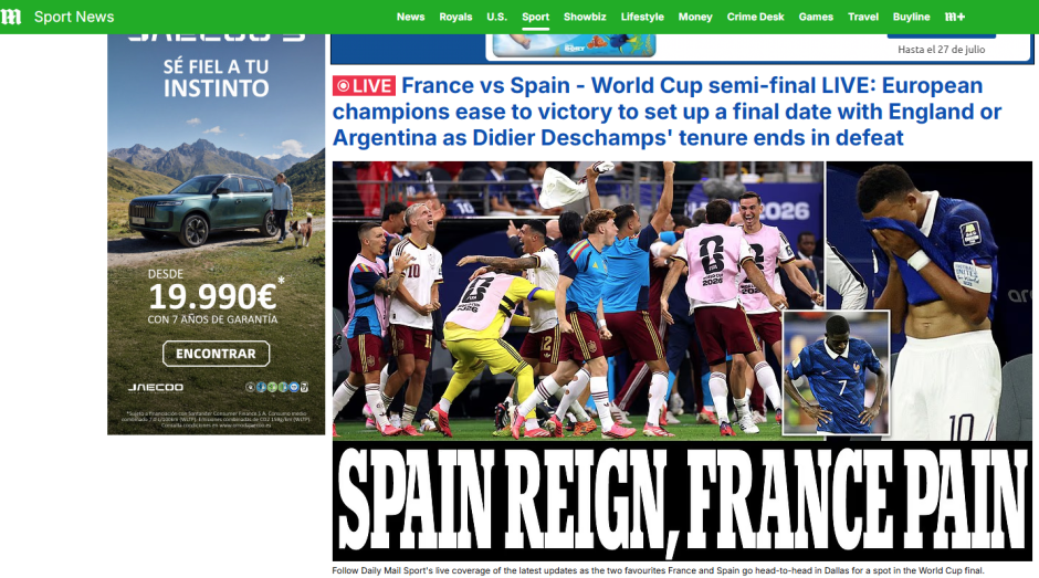 "España reina, Francia dolor" dice el Daily Mail al destacar la eliminación de Francia a manos de España