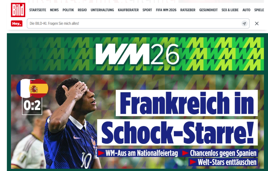 "Francia en estado de shock" dice Bild, diario alemán, para hablar del duro varapalo a Francia en el día de su fiesta nacional