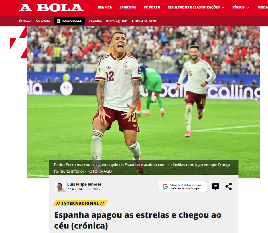 A Bola lleva en su titular que España "extinguió las estrellas y alcanzó el cielo" porque anuló a Francia por completo