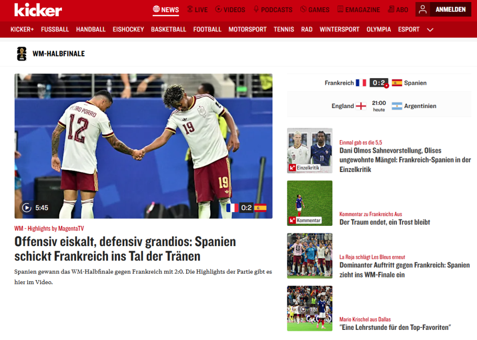 "España envía a Francia al valle de las lágrimas", dice Kicker que también analiza el juego de la selección: "Fría en ataque y magnífica en defensa"