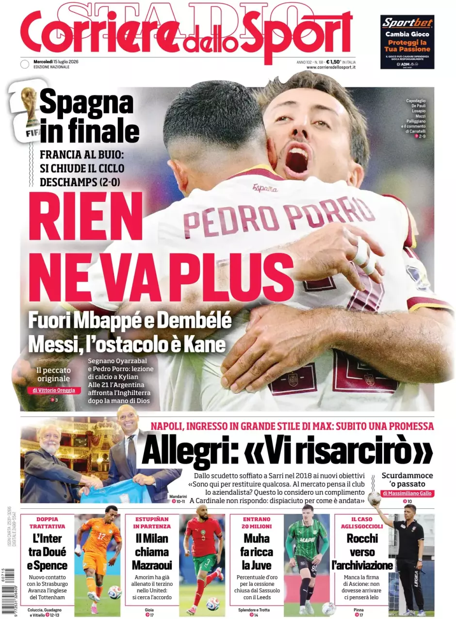 El diario deportivo italiano dedica la foto de su portada a los autores de los goles: MIkel Oyarzabal y Pedro Porro