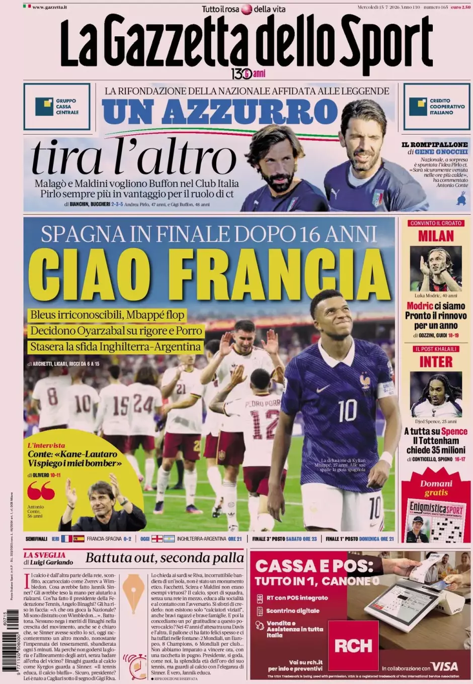 El diario deportivo italiano despide a Francia –«Ciao»– y da la foto de portada a un abatido Mbappé, que sigue al frente de la clasificación de goleadores