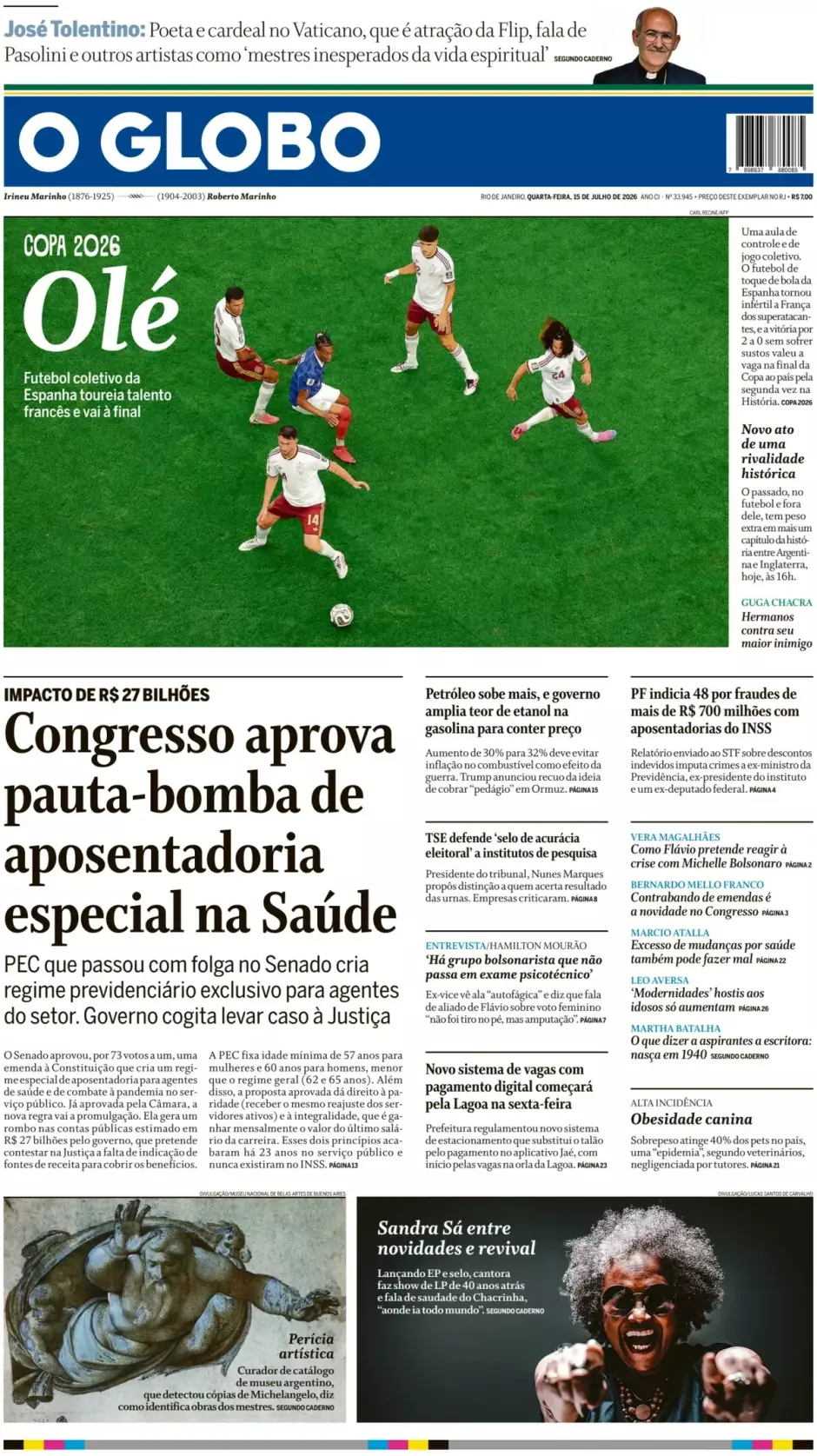 El periódico brasileño titula su crónica con un conciso «Olé» y la foto de cuatro futbolista de España presionando a Olise, una de las estrellas del equipo francés