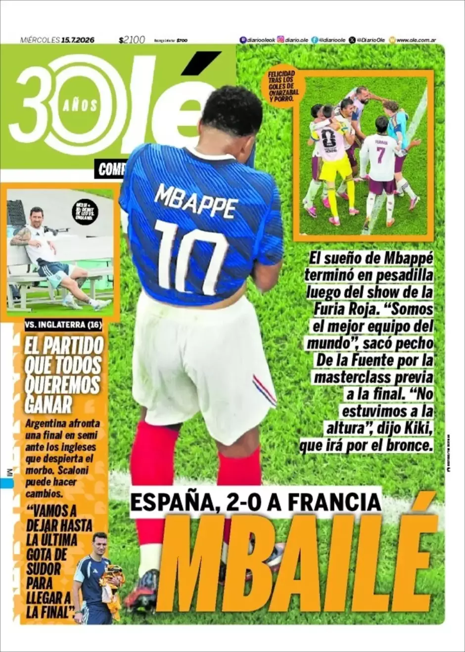 El periódico argentino, siempre original con sus titulares, le dedica la foto a Kylian Mbappé, al que rebautizan como «Mbailé»
