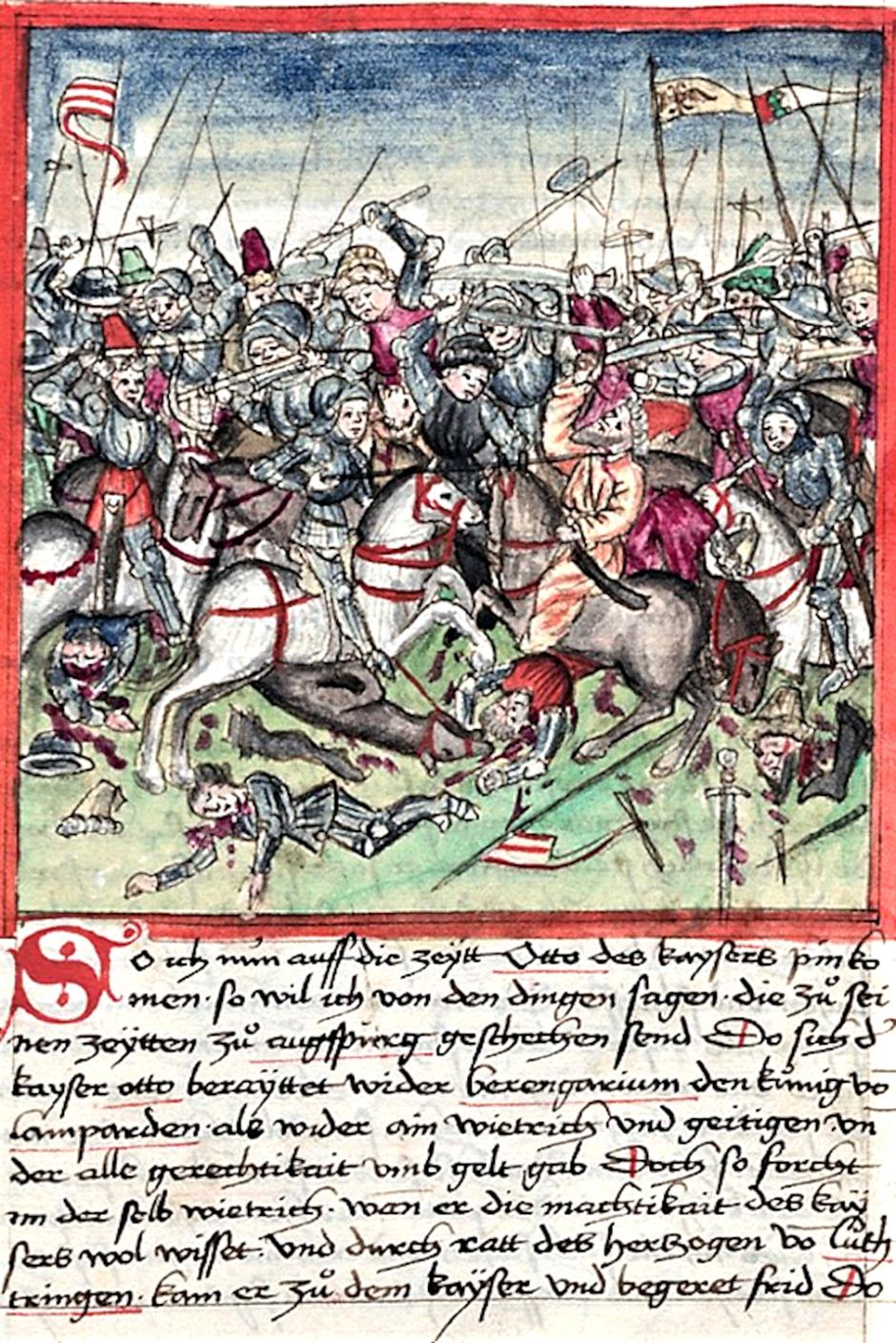 La batalla de Lechfeld, según una ilustración de 1457 del códice de historia de Núremberg de Sigmund Meisterlin