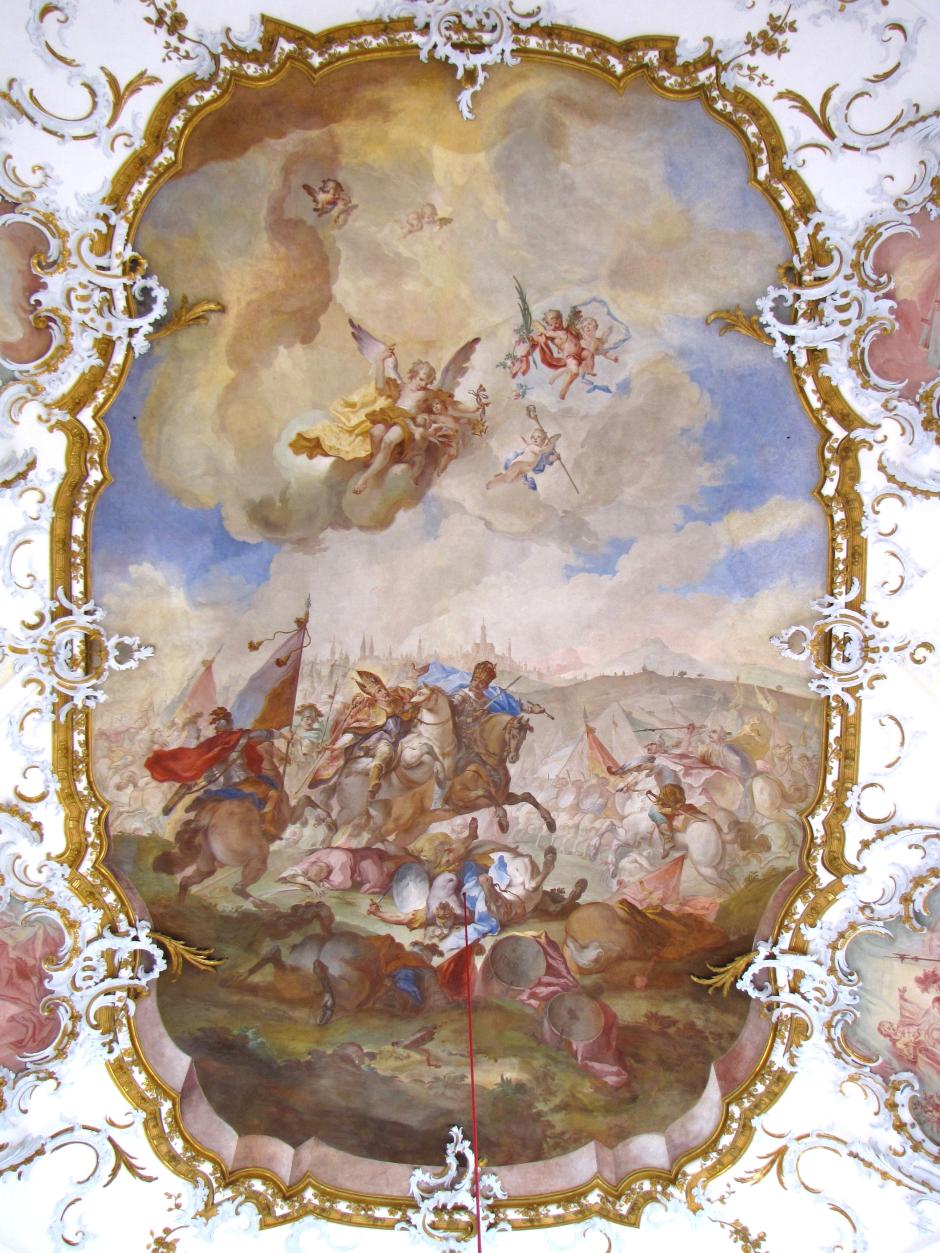 La batalla de Lechfeld, un fresco de Balthasar Riepp de 1744