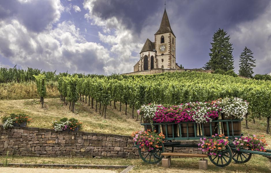 Iglesia en un viñedo de Alsacia cerca de Ribeauvillé