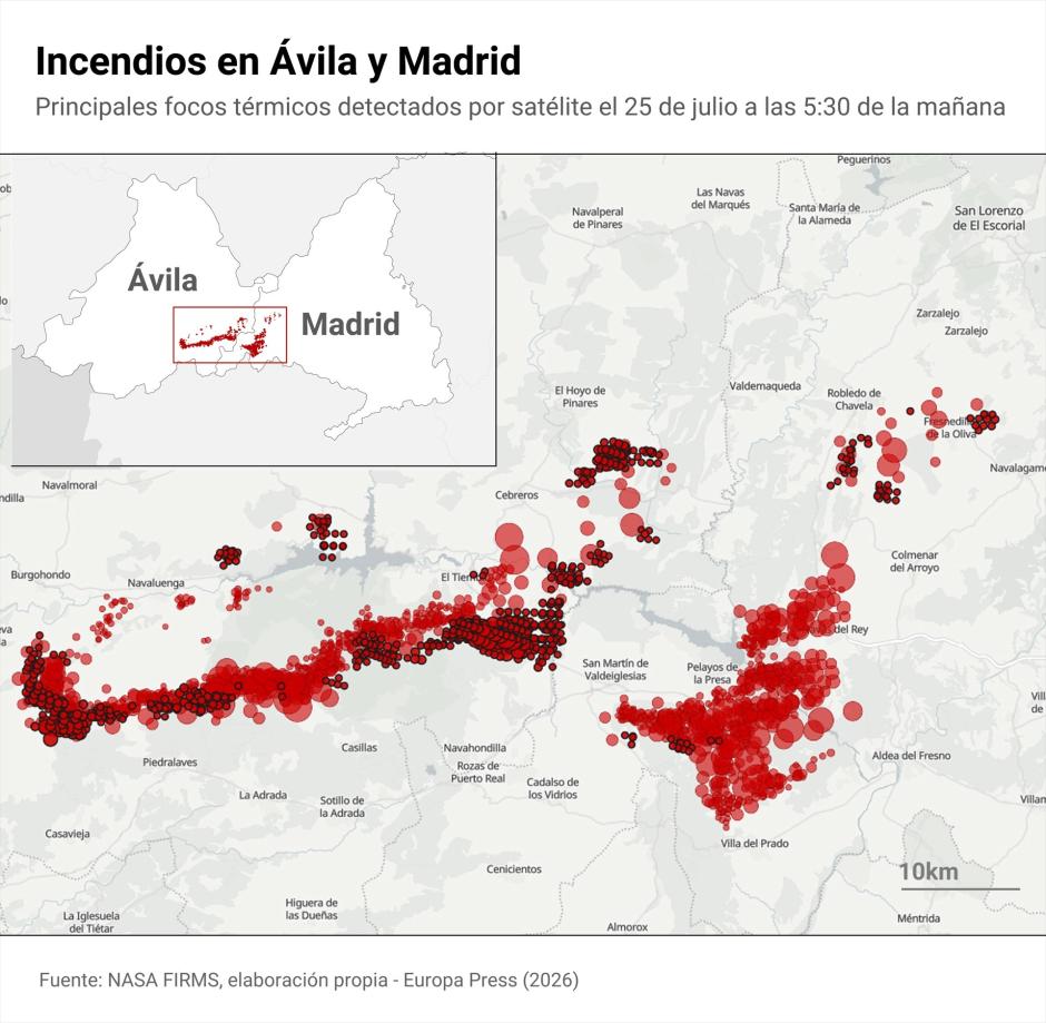 Mapa con focos térmicos detectados por satélite