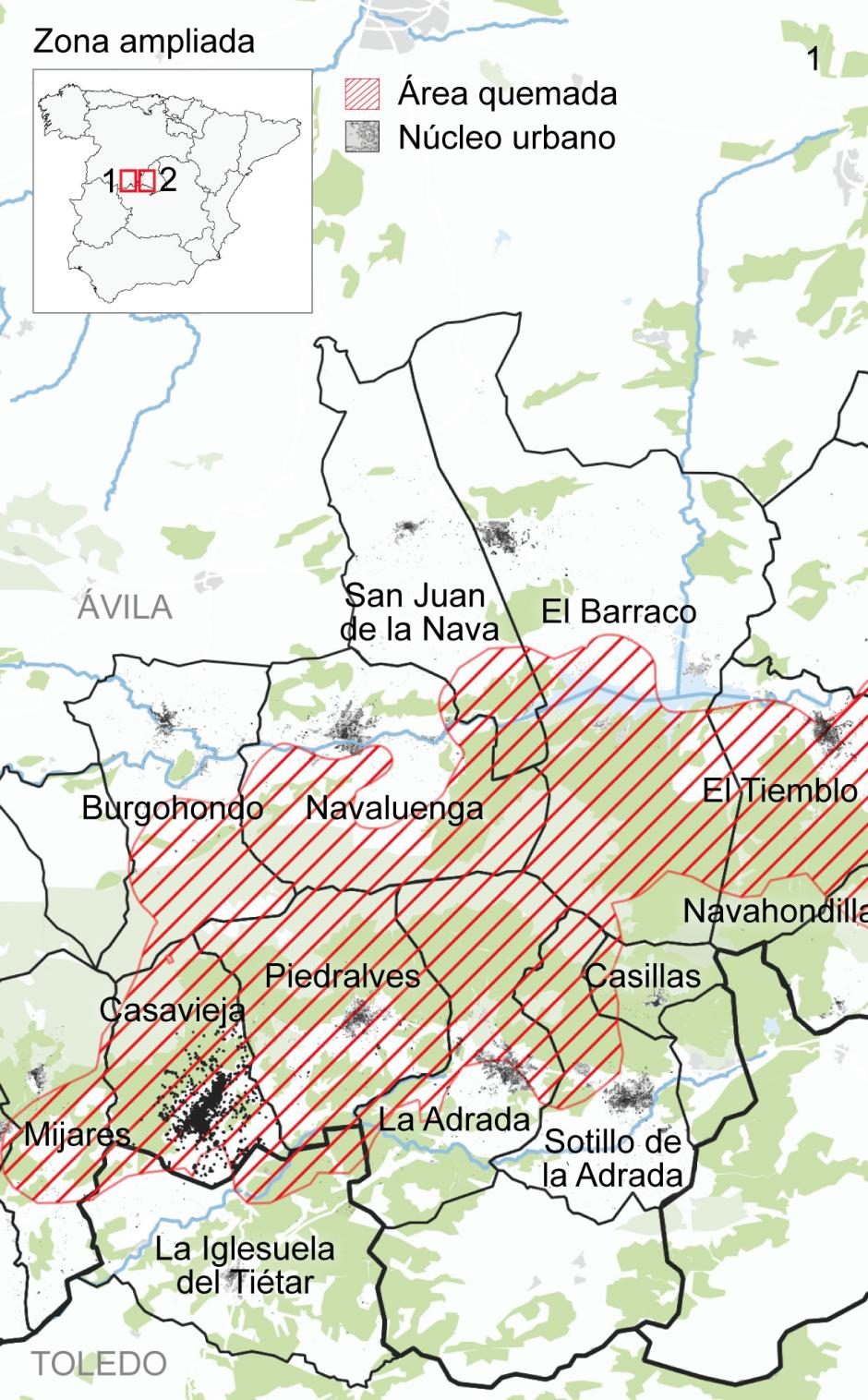 Fuente: EFFIS (datos a 27 de julio) y Catastro.