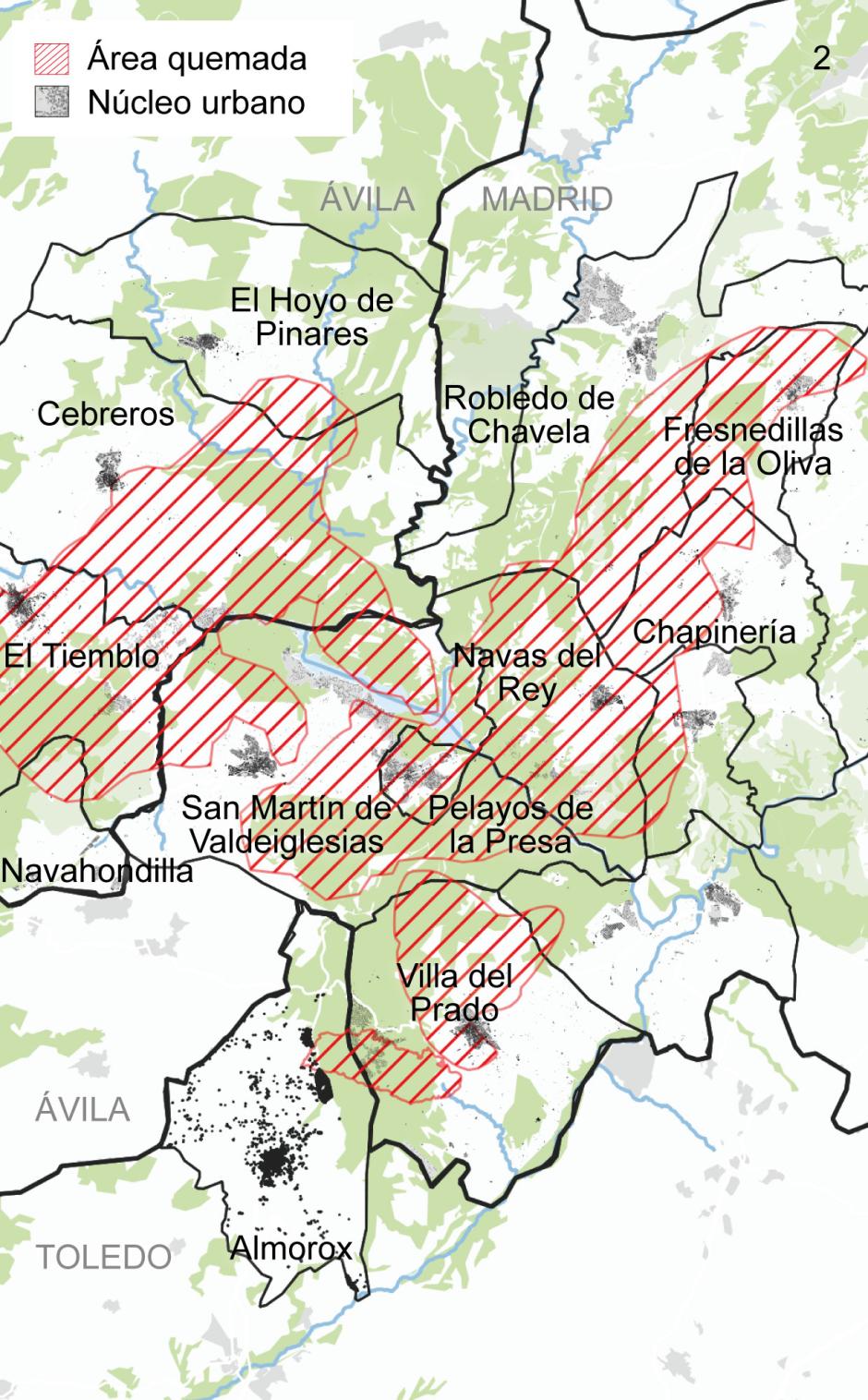 Fuente: EFFIS (datos a 27 de julio) y Catastro.