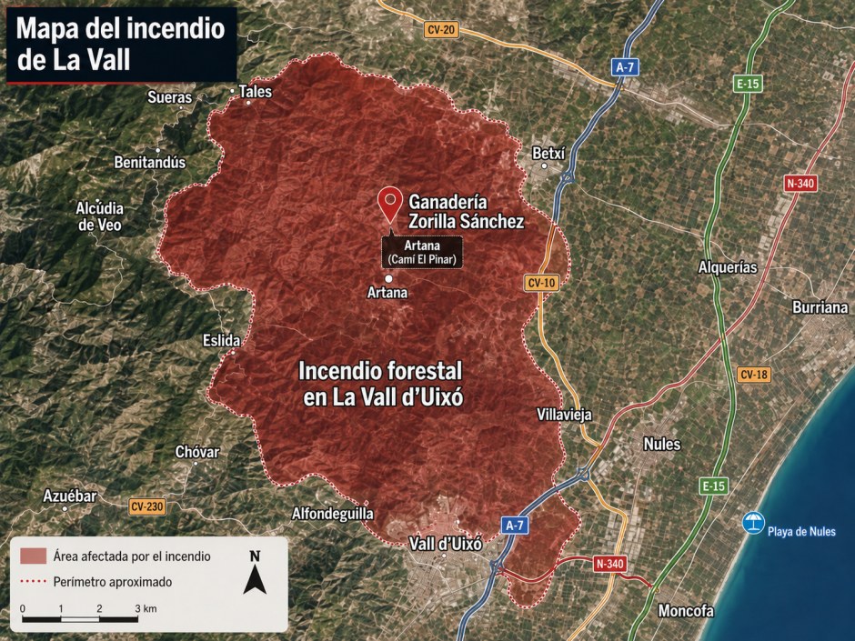 Imagen del mapa del incendio y la ubicación exacta de la ganadería