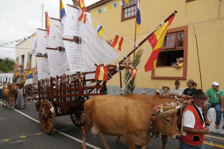 Carreta de bueyes en forma de barco en la Fiesta de la Vendimia de Tegueste