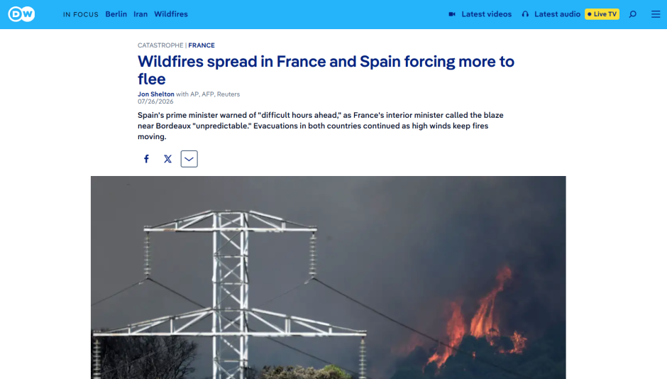 «Los incendios forestales se extienden por Francia y España obligando a más personas a huir»