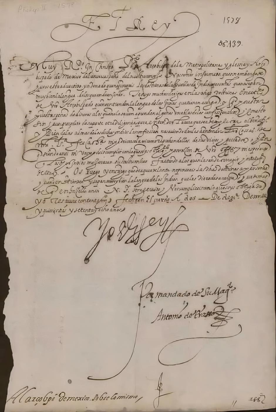 Cédula Real emitida y firmada por Felipe II, el rey de las Españas en 1570, declarando el náhuatl o lengua mexicana como lengua oficial del Virreinato de Nueva España