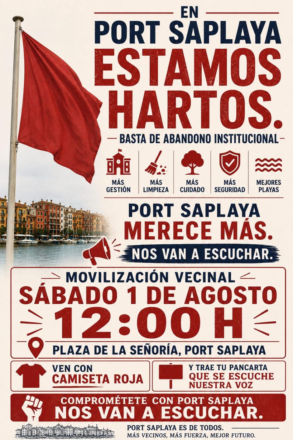 Cartel de la manifestación en Port Saplaya contra el Ayuntamiento de Alboraya.
