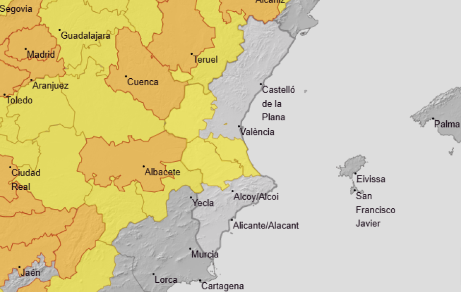 Mapa con las zonas en aviso amarillo por altas temperaturas este miércoles 29 de julio en la Comunidad Valenciana.