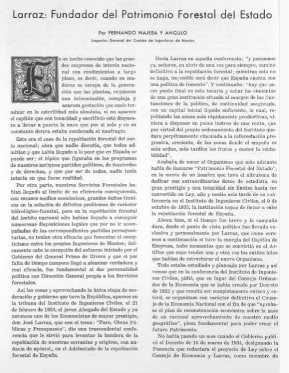 Artículo dedicado a José Larraz en la revista de Ingenieros de Montes (número 125 de 1965)