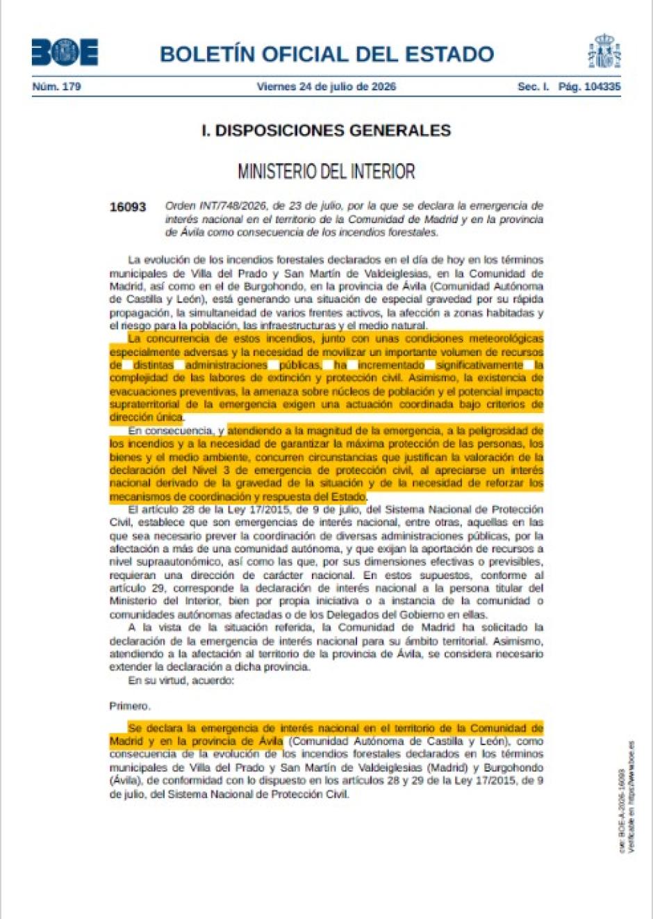 Orden de declaración de emergencia de interés nacional en los incendios de la Comunidad de Madrid y provincia de Ávila
