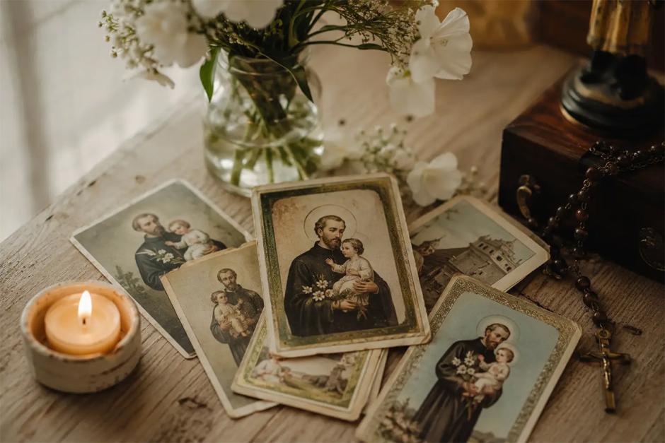 Estampitas de San Cayetano con el Niño en brazos, acompañadas por una vela encendida, flores blancas y un rosario, en una composición devocional vinculada a la oración y la tradición popular.