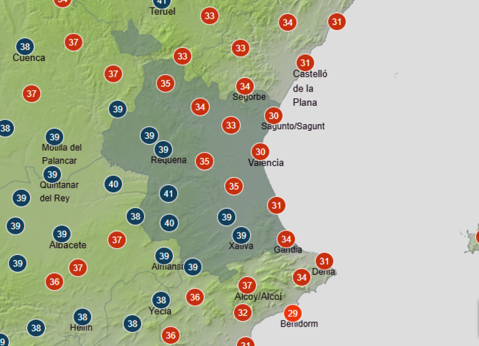 Mapa con las temperaturas máximas previstas a las 17 horas en la Comunidad Valenciana.