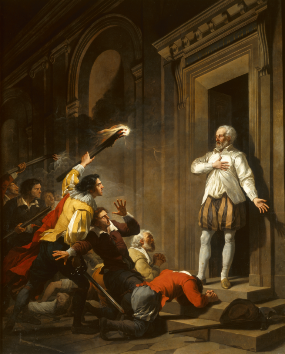El almirante Coligny se enfrenta a sus asesinos, de Joseph-Benoît Suvée , 1787