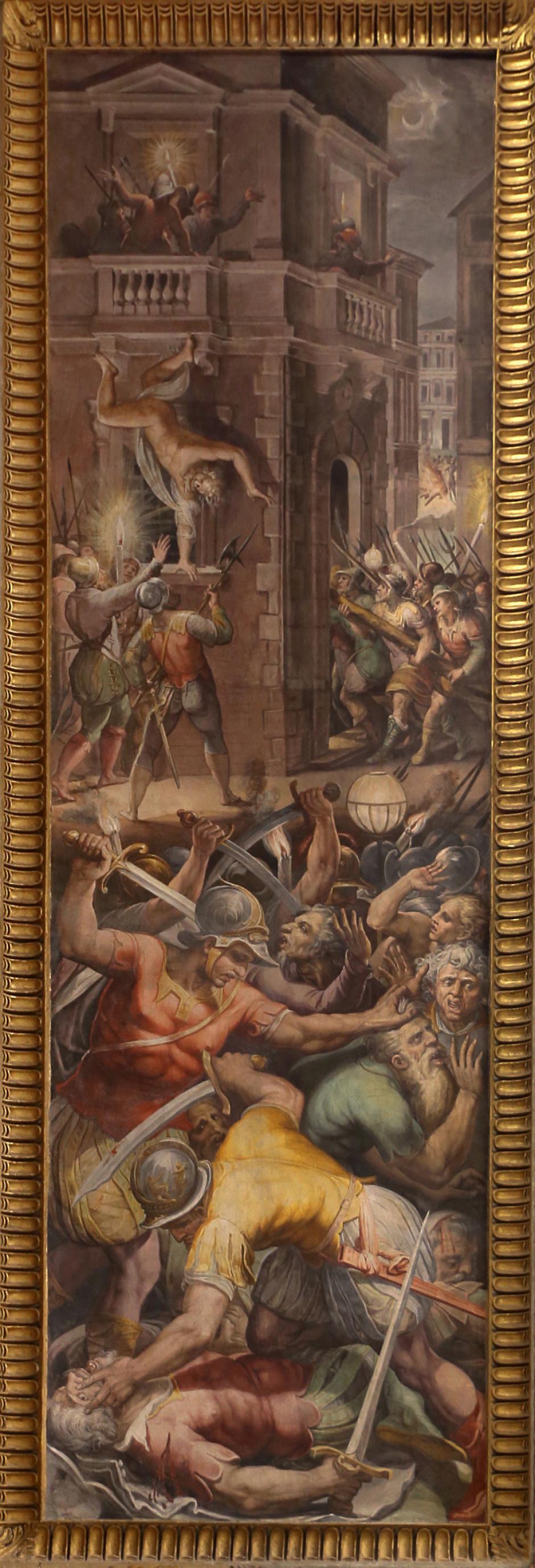 La masacre, con el asesinato de Gaspard de Coligny arriba a la izquierda, tal como se representa en un fresco de Giorgio Vasari