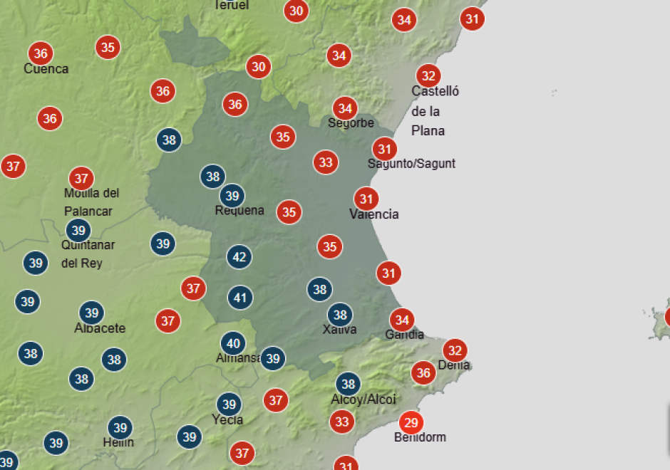 Mapa con las temperaturas máximas previstas para este viernes 31 de julio en Valencia.