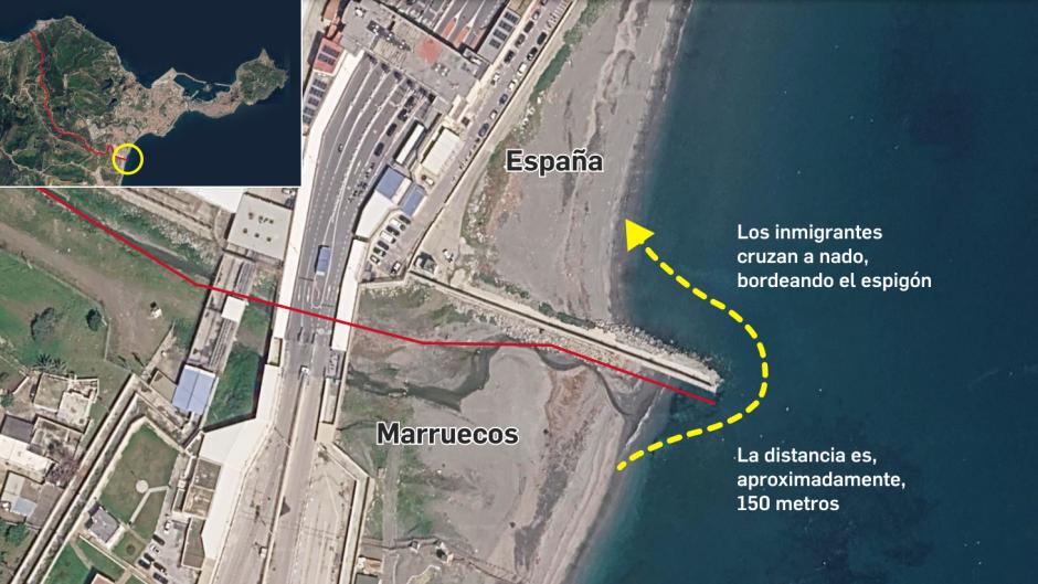 Imagen del espigón vulnerable de Ceuta