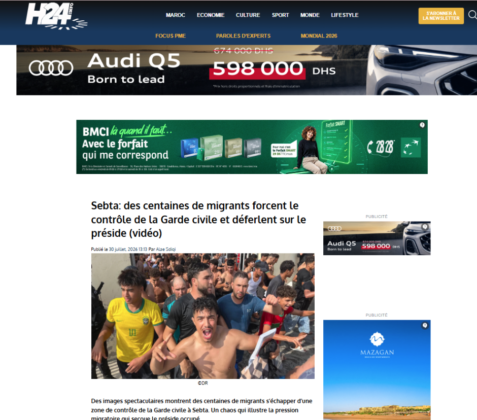«Ceuta: Cientos de migrantes se abren paso a la fuerza a través de los puestos de control de la Guardia Civil y entran en masa»