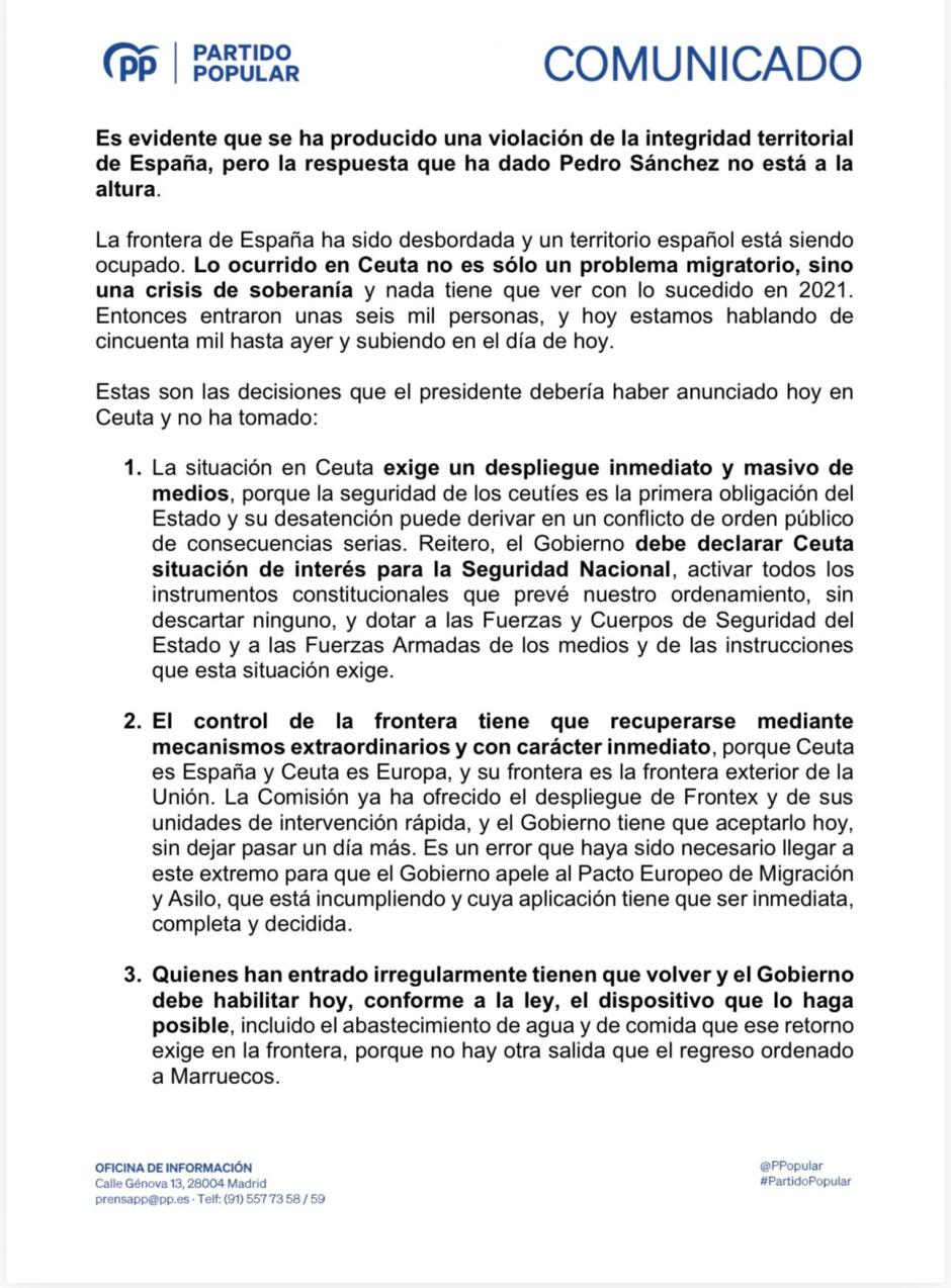 Escrito del PP sobre las decisiones que debería haber tomado Sánchez en Ceuta