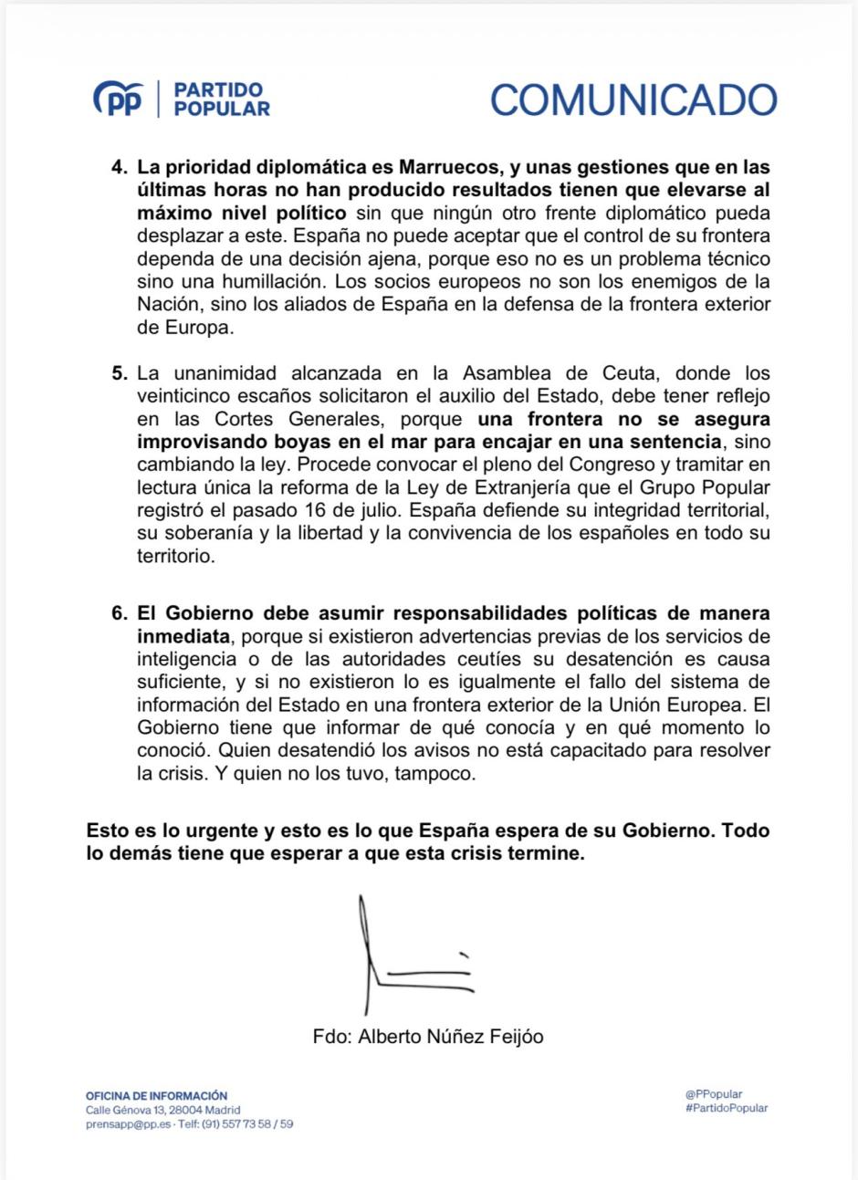 Escrito del PP sobre las decisiones que debería haber tomado Sánchez en Ceuta