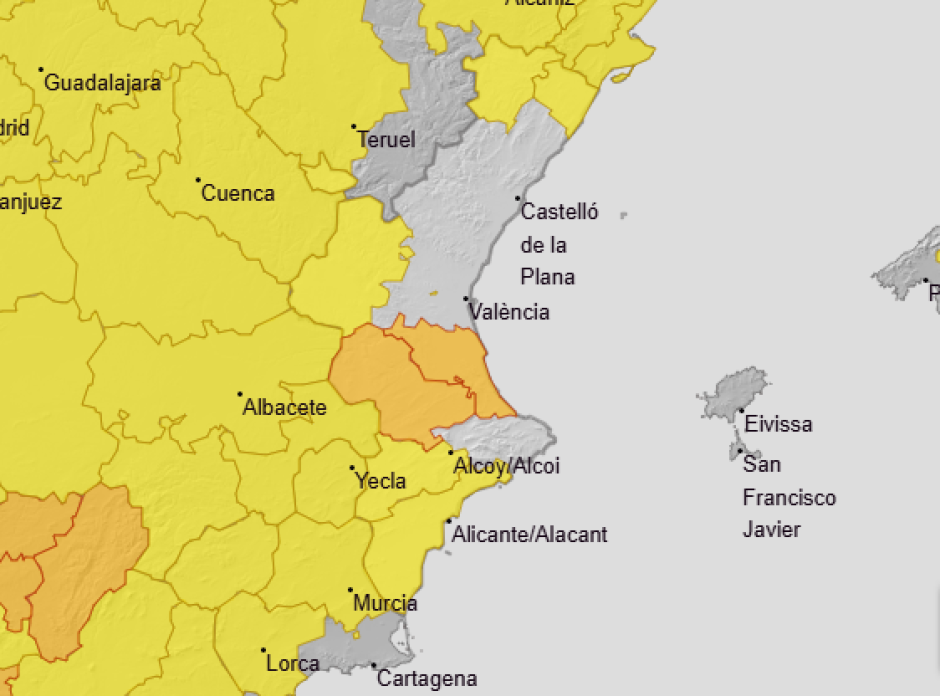 Mapa con los avisos previstos para este sábado 1 de agosto en la Comunidad Valenciana.