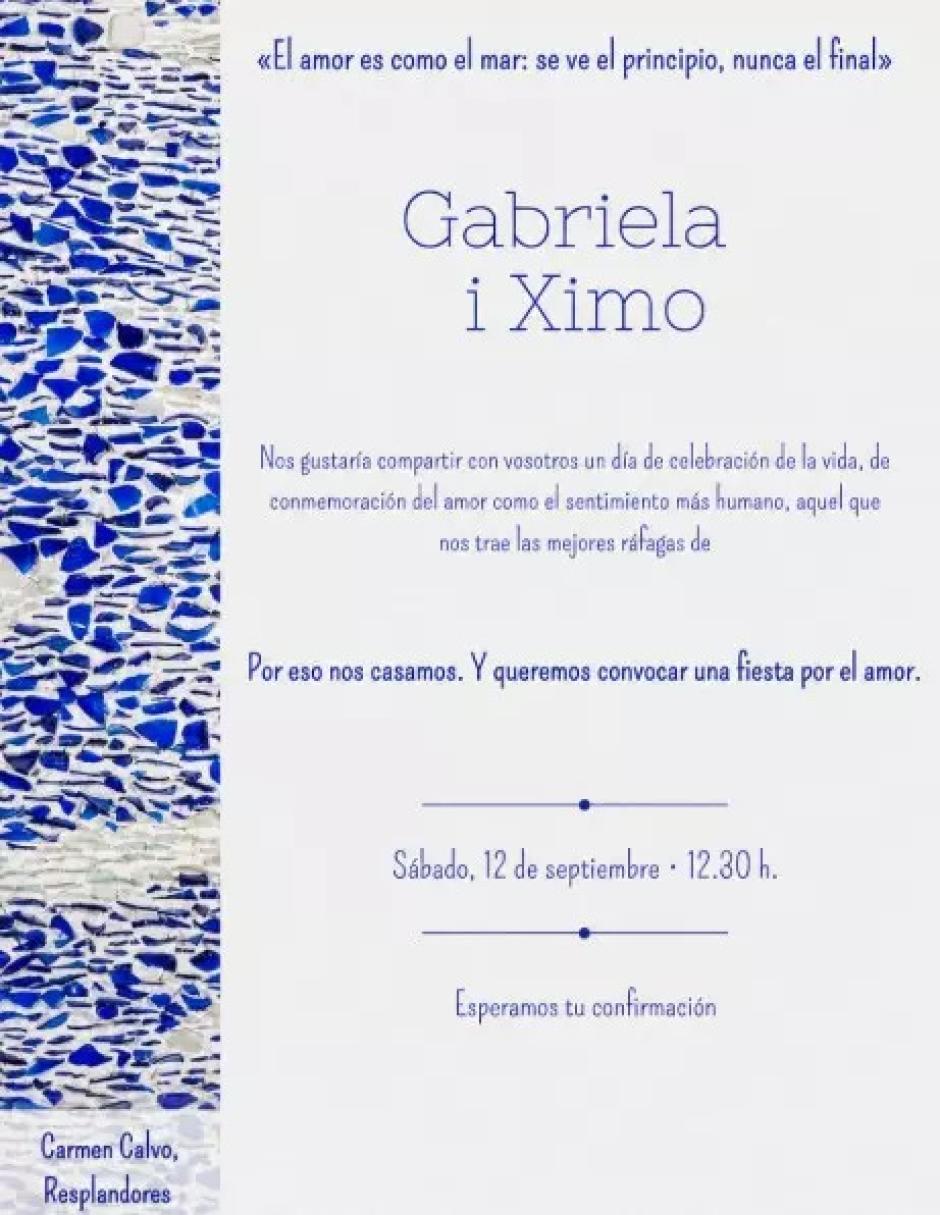Imagen de la invitación para la boda de Ximo Puig y Gabriela Bravo.