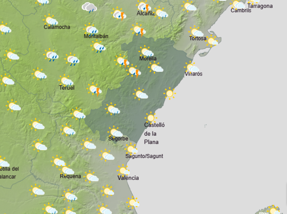Mapa con la previsión de lluvias para el miércoles 5 de agosto en la Comunidad Valenciana.