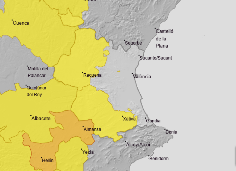 Mapa con las zonas en aviso amarillo por calor en el interior de Valencia durante el domingo 2 de agosto.