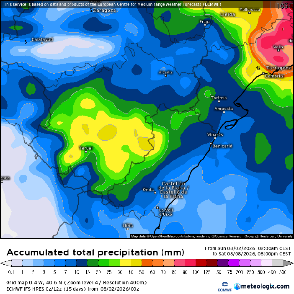 Mapa con las lluvias previstas en el interior norte de Castellón por el modelo europeo ECMWF.