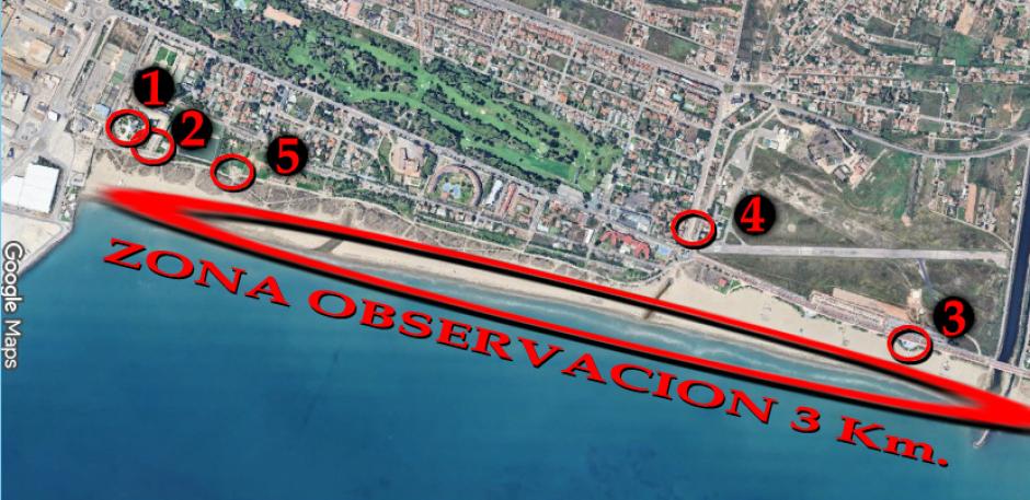 Mapa de los puntos de observación del eclipse solar en el Grao de Castellón