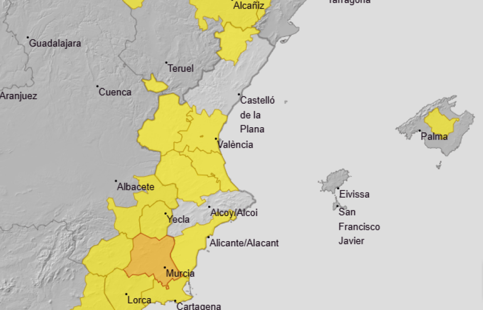 Mapa con las zonas en aviso amarillo este martes 4 de agosto en la Comunidad Valenciana.