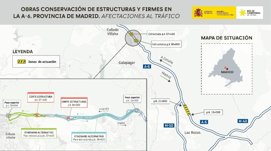 Los trabajos de mejora en firmes de la A-6 en Galapagar, Villalba y Las Rozas obligarán a cortes de carril en agosto