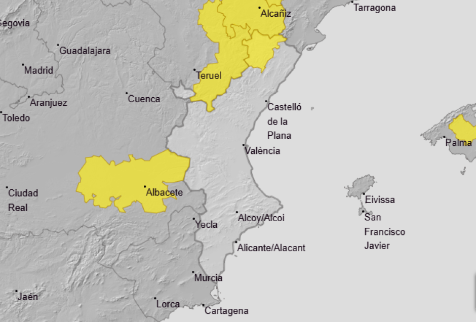Mapa con la zona en aviso amarillo por lluvias y tormentas este miércoles 5 de agosto en la Comunidad Valenciana.