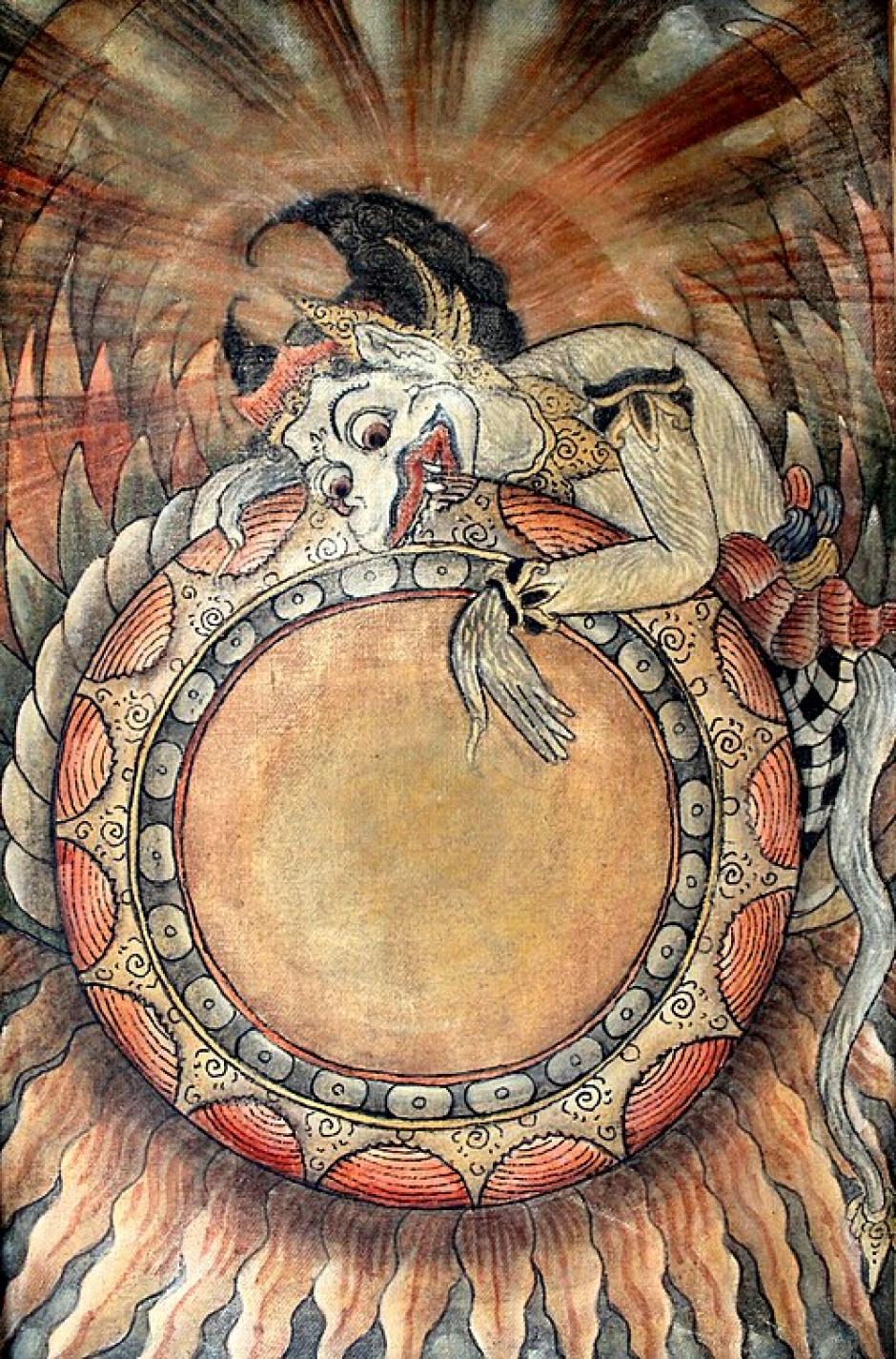 Pintura que representa un episodio importante de la mitología hindú: la tríada de deidades Rahu, Hanuman y Ketu devorando el Sol y la Luna
