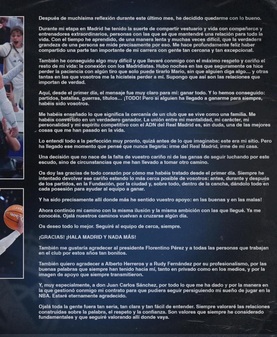 Carta de despedida de Mario Hezonja al Real Madrid