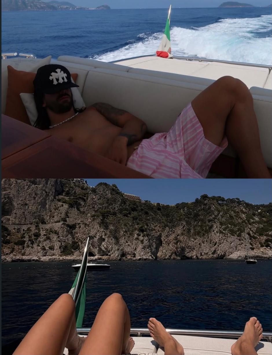 Cucurella y su mujer en un yate por Italia